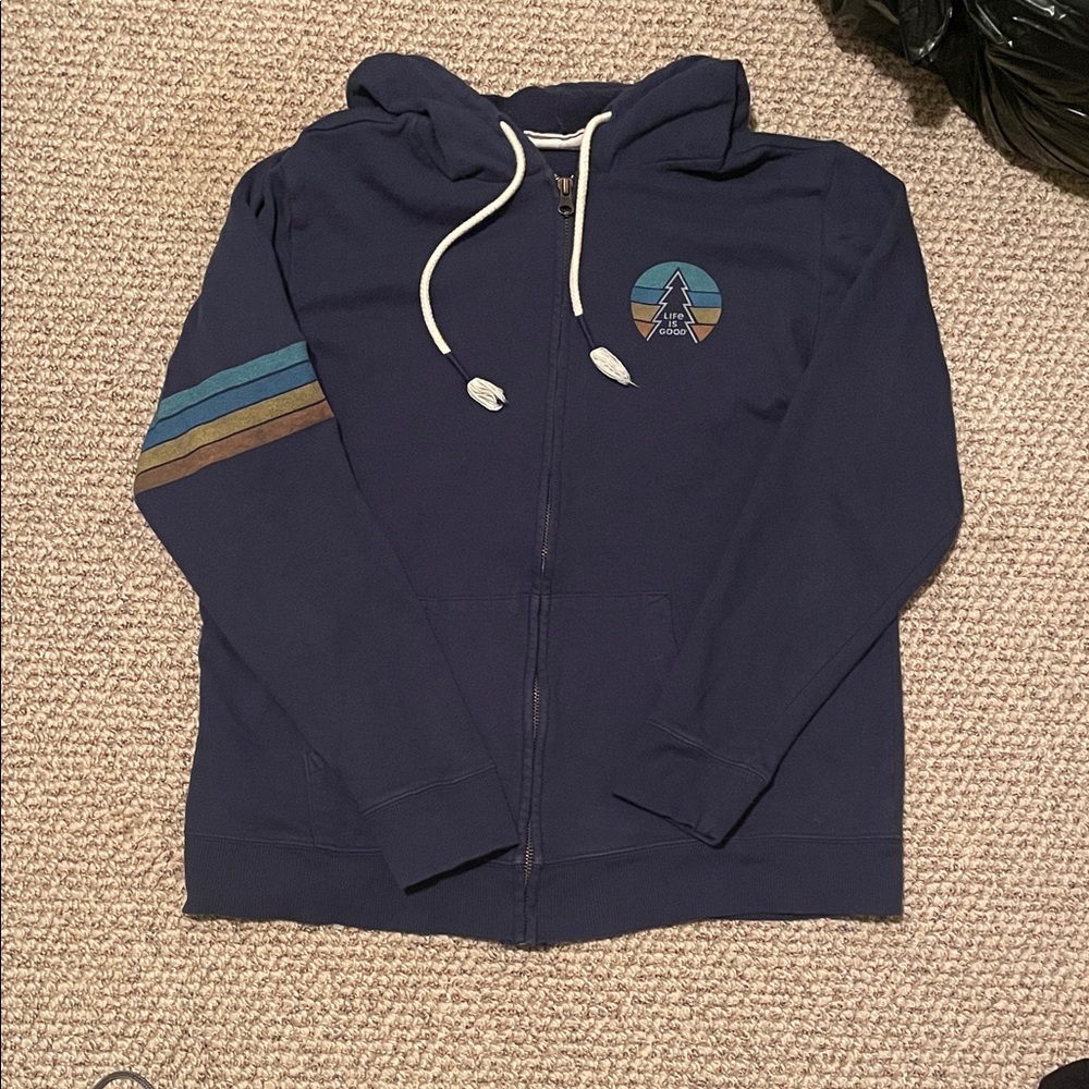 Life Is Good Navy Blue Hoodie with Striped Sleeve